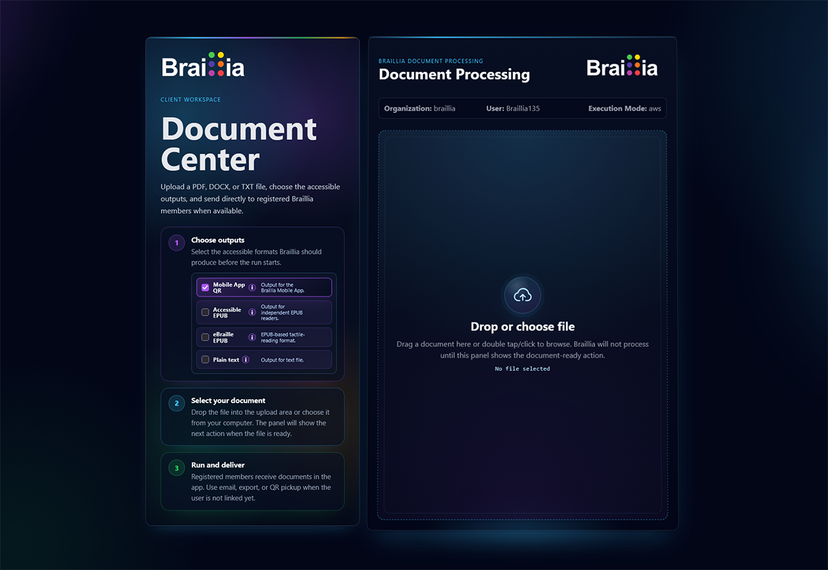 Braillia Document Center showing accessible output selection and document processing intake.