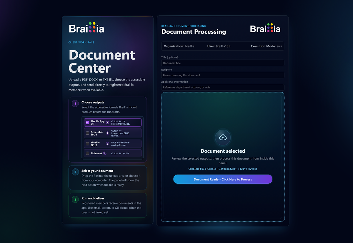 Braillia Document Center with a selected document, optional title and recipient fields, and a button to begin processing.