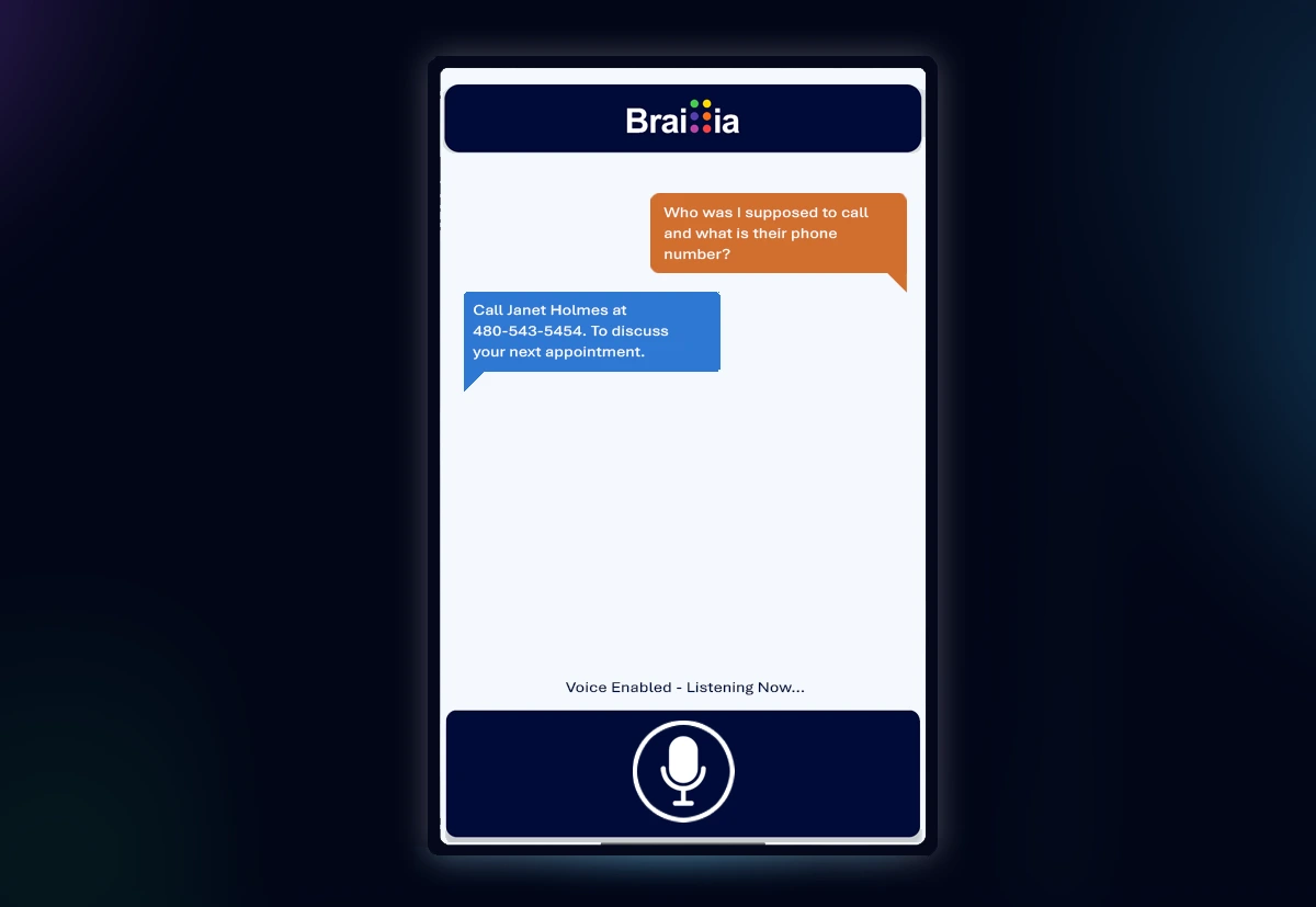 Product illustration of Ask Braillia showing a document question and a contact-detail answer.