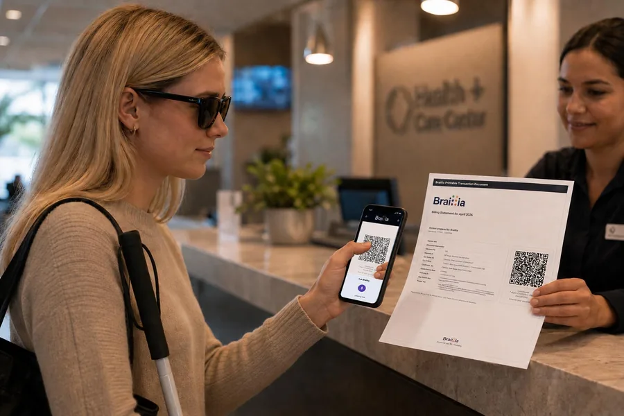 Blind woman using the Braillia mobile app to scan a QR code on a healthcare billing document at a service counter.