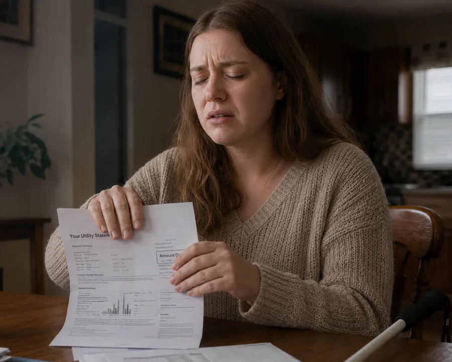 Blind woman holding a paper utility bill she cannot read independently.