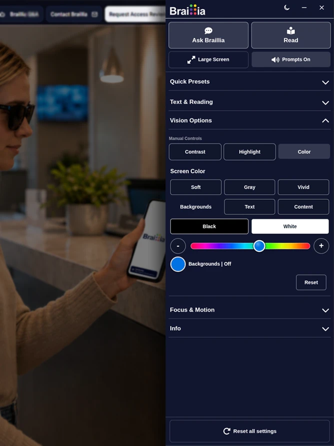 Braillia accessibility web app panel open on a website with reading, vision, contrast, and Ask Braillia controls.