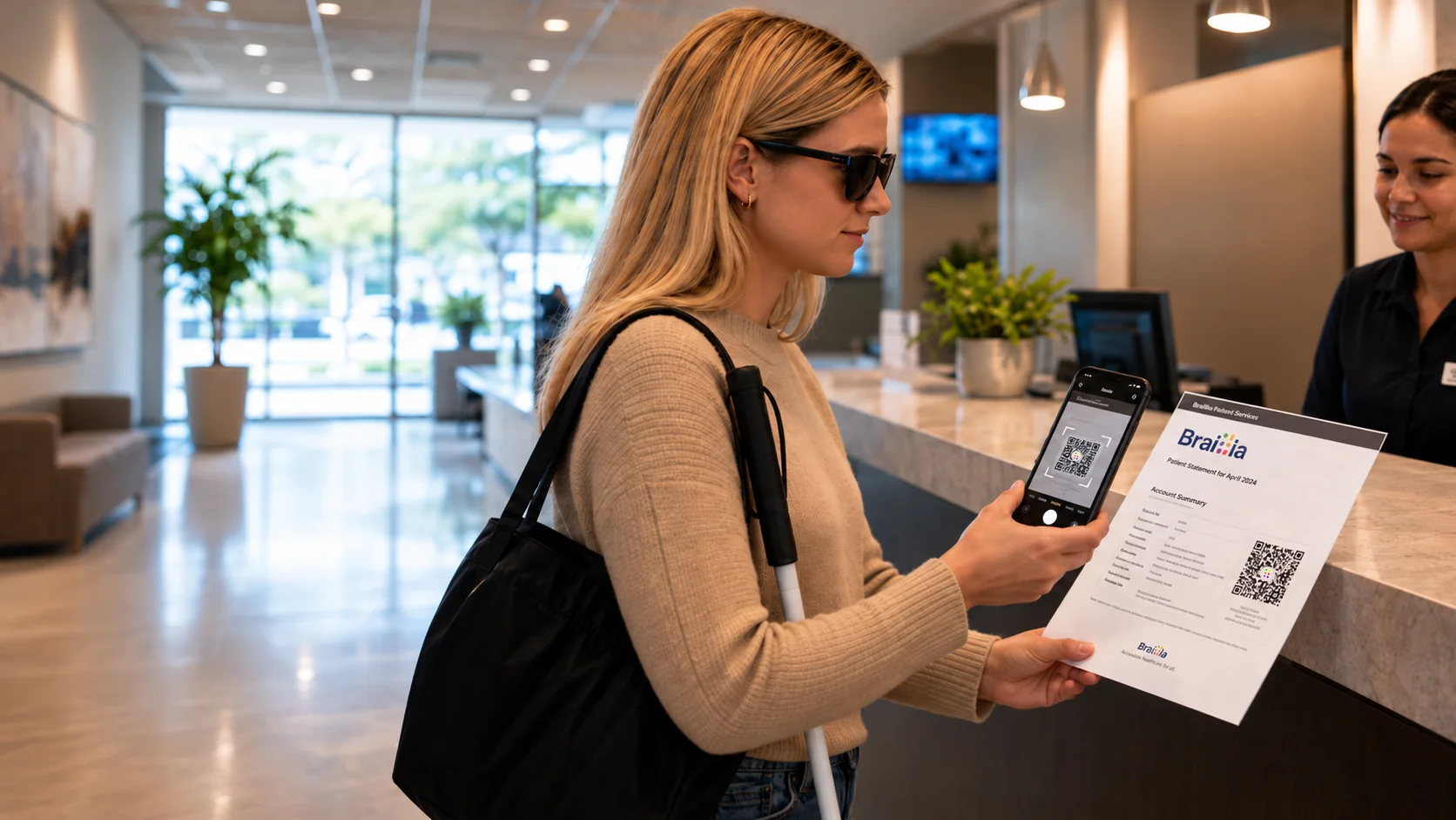 A blind woman scanning a document QR code with her phone at a service counter.