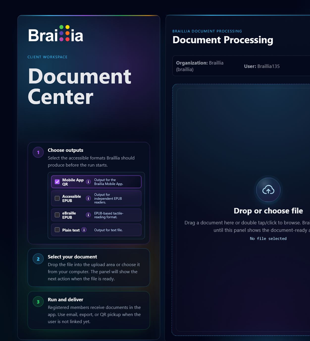 Braillia Document Center showing accessible output choices and the document-processing intake area.